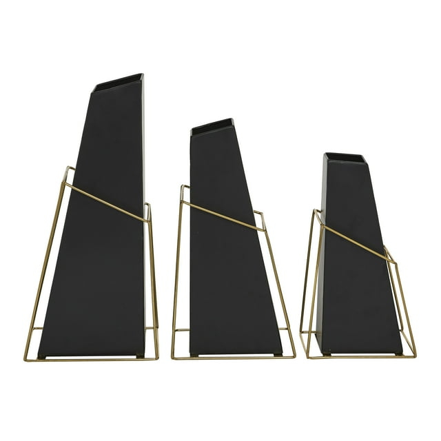 DecMode 10", 12", 14"H Black Metal Vase with Gold Wire Accents, Set of 3