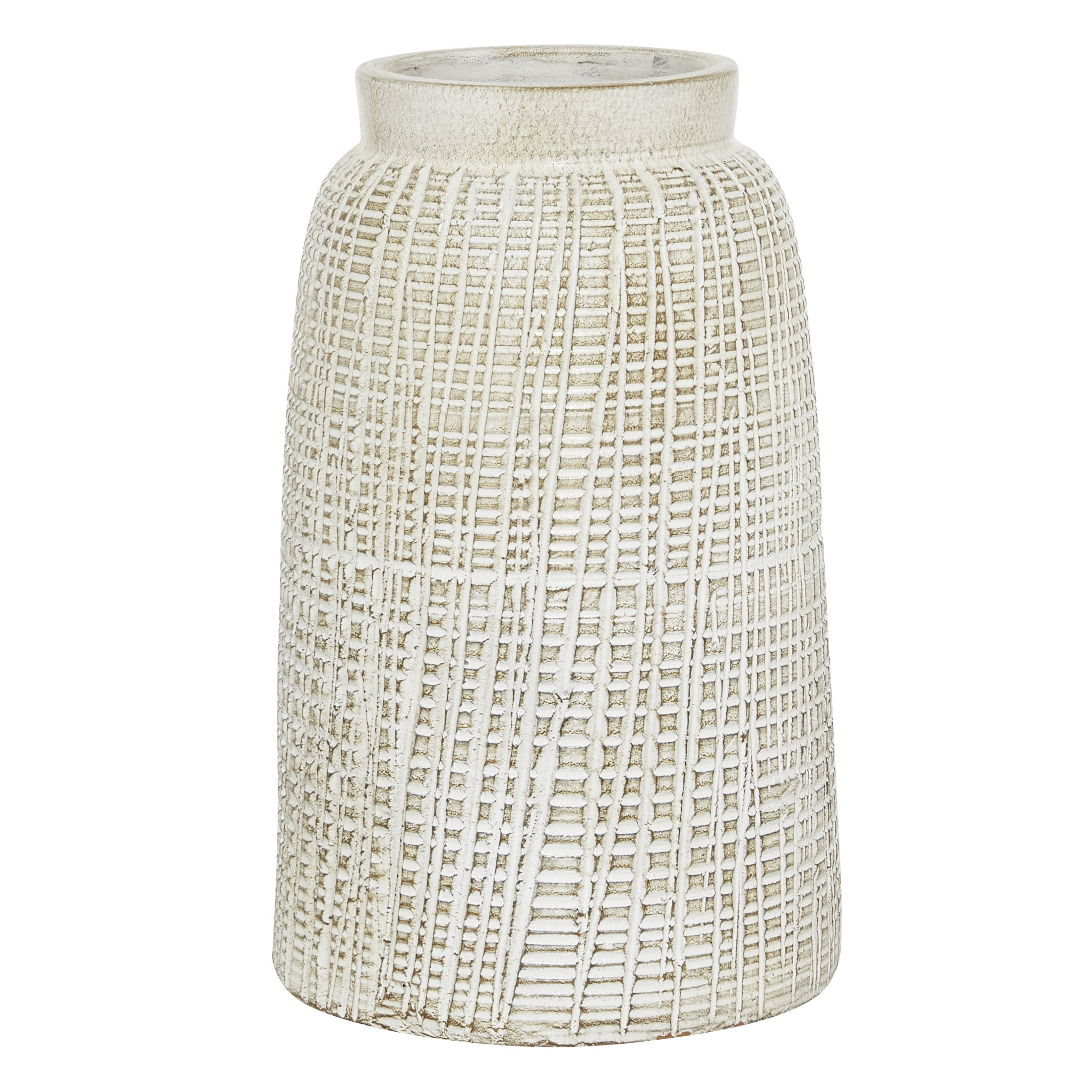 DecMode 11" Carved White Ceramic Vase with Crosshatch Design