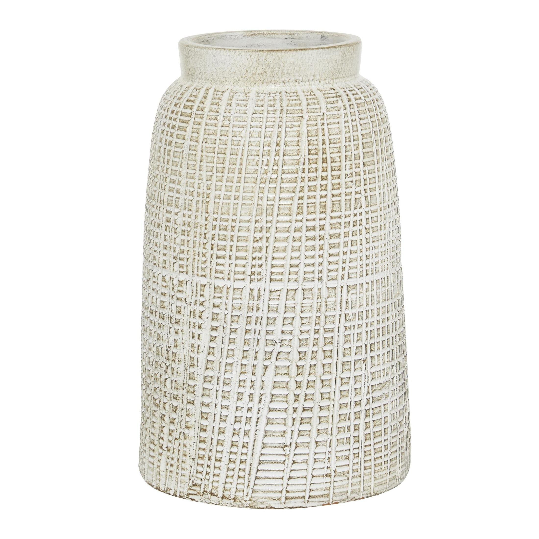 DecMode 11" Textured Crosshatch White Ceramic Vase with Crosshatch Design
