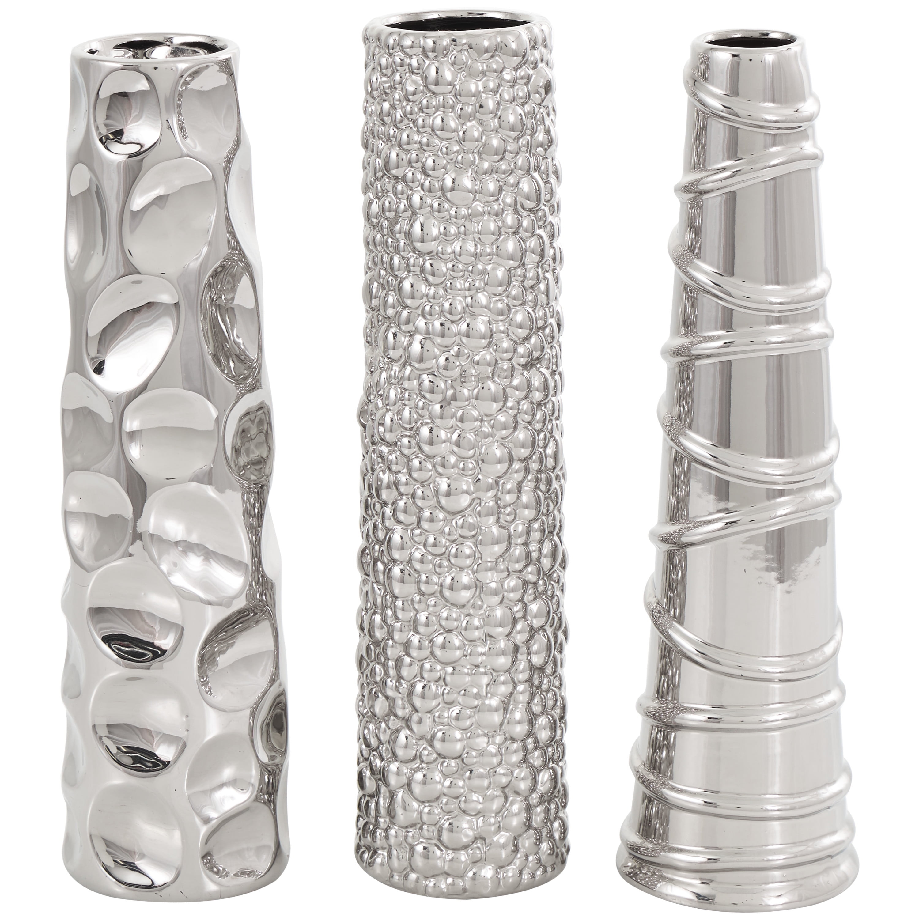 DecMode 12"H, 3"W Silver Ceramic Vase with Varying Patterns, Set of 3