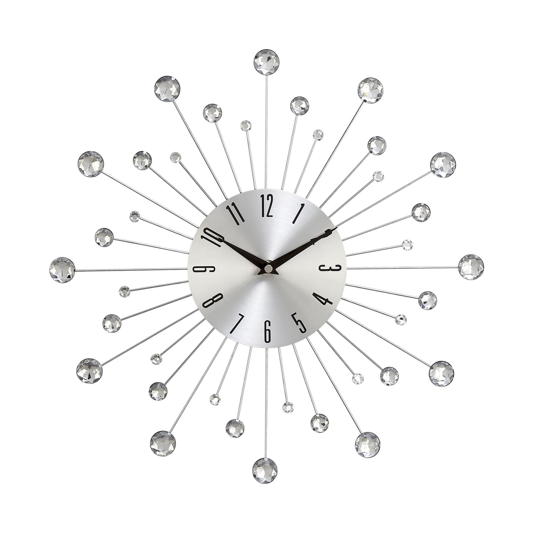 DecMode 15" Silver Metal Starburst Wall Clock with Crystal Accents