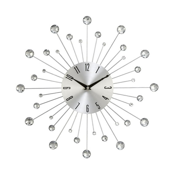 DecMode 15" Silver Metal Starburst Wall Clock with Crystal Accents