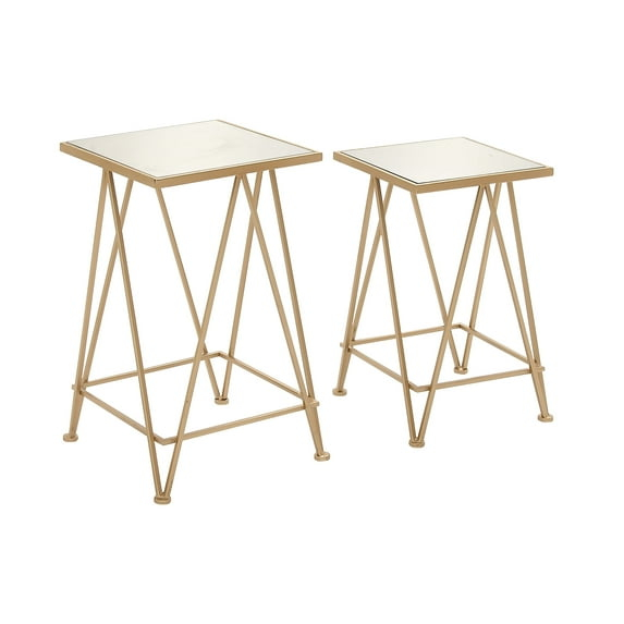 DecMode 15" x 26" Gold Metal Accent Table with Mirrored Glass Top, 2-Pieces