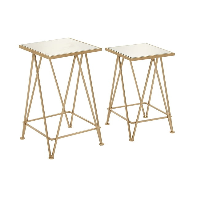 DecMode 15" x 26" Gold Metal Accent Table with Mirrored Glass Top, 2-Pieces
