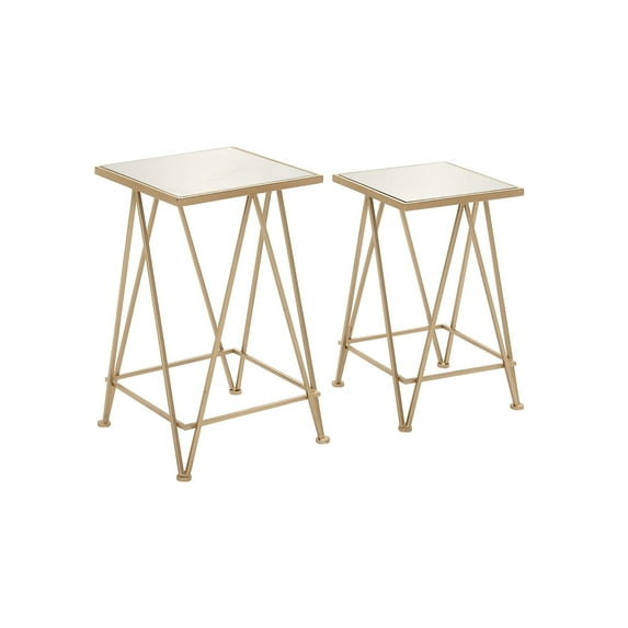 DecMode 13" x 22" Gold Metal Square Geometric Accent Table with Mirrored Glass Top, 2-Pieces