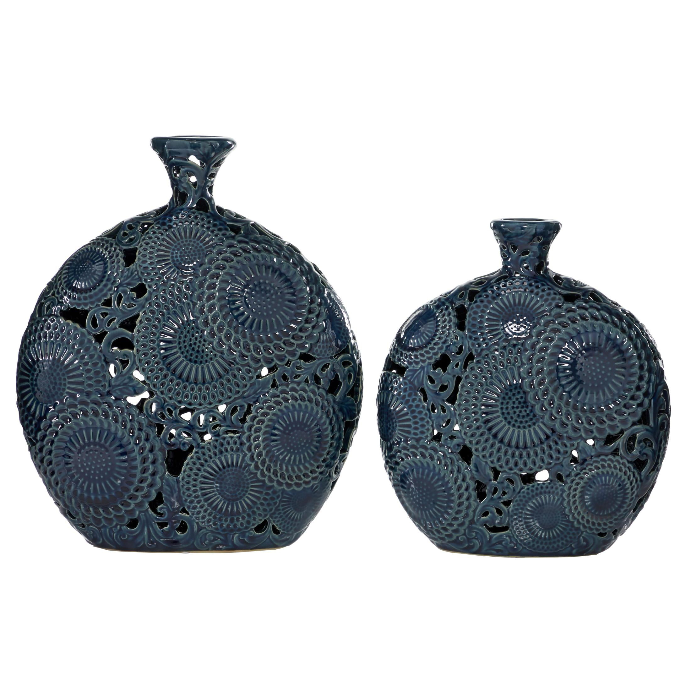 DecMode 16", 13"H Floral Blue Ceramic Vase with Cut Out Patterns, Set of 2