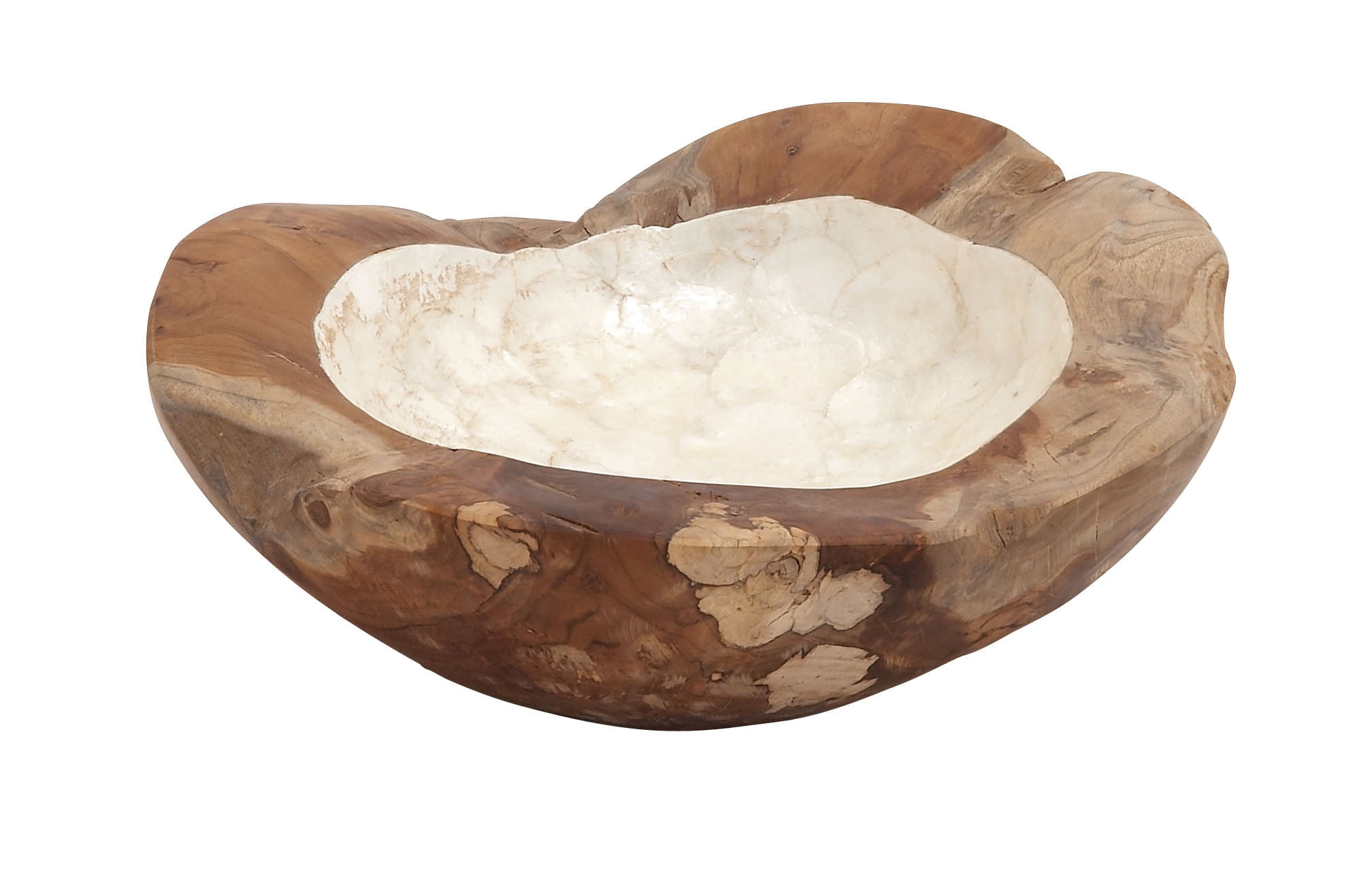 DecMode 16" Handmade Round Live Edge Free Form Brown Teak Wood Decorative Bowl with Capiz Interior