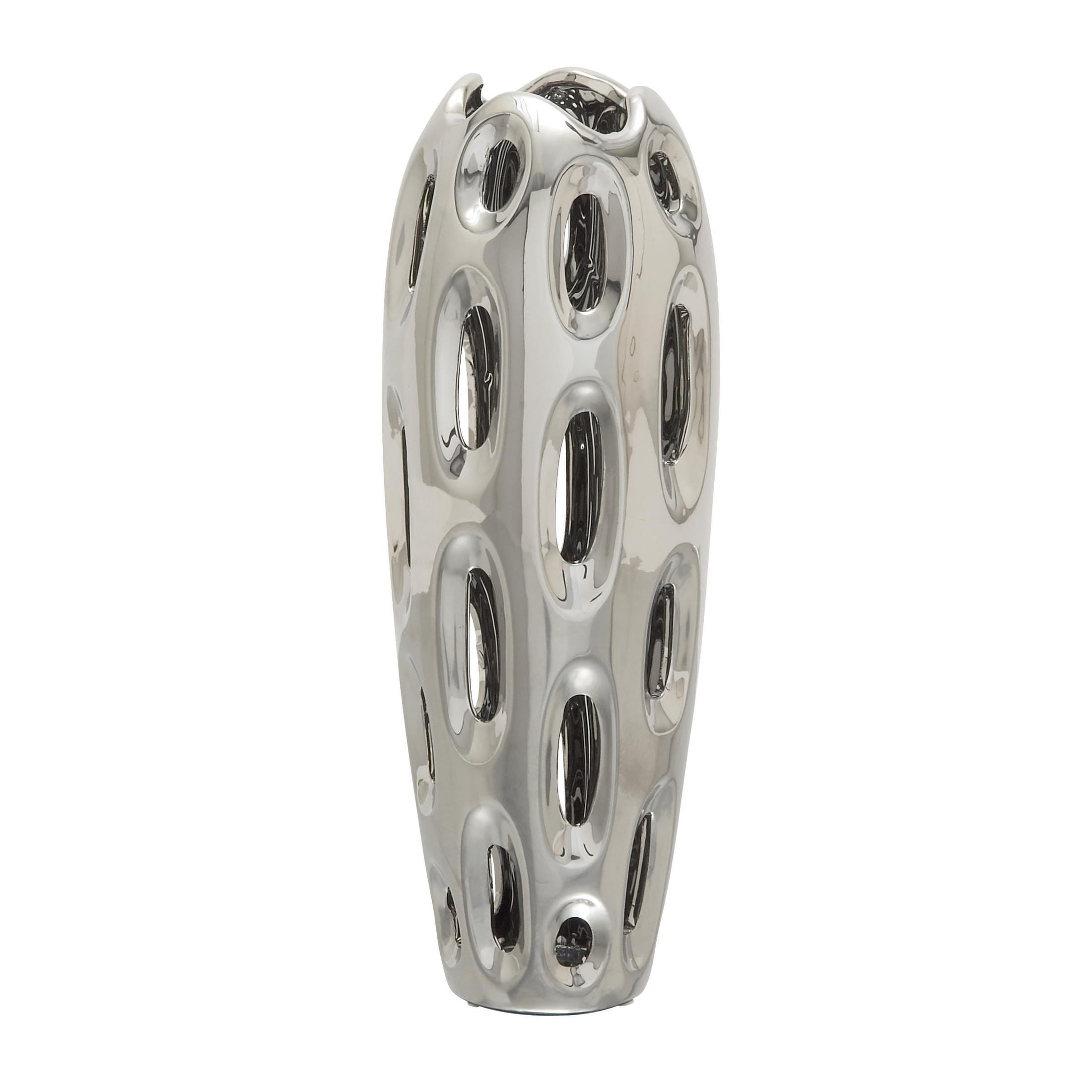 DecMode 16" Silver Ceramic Vase with Cut Out Designs