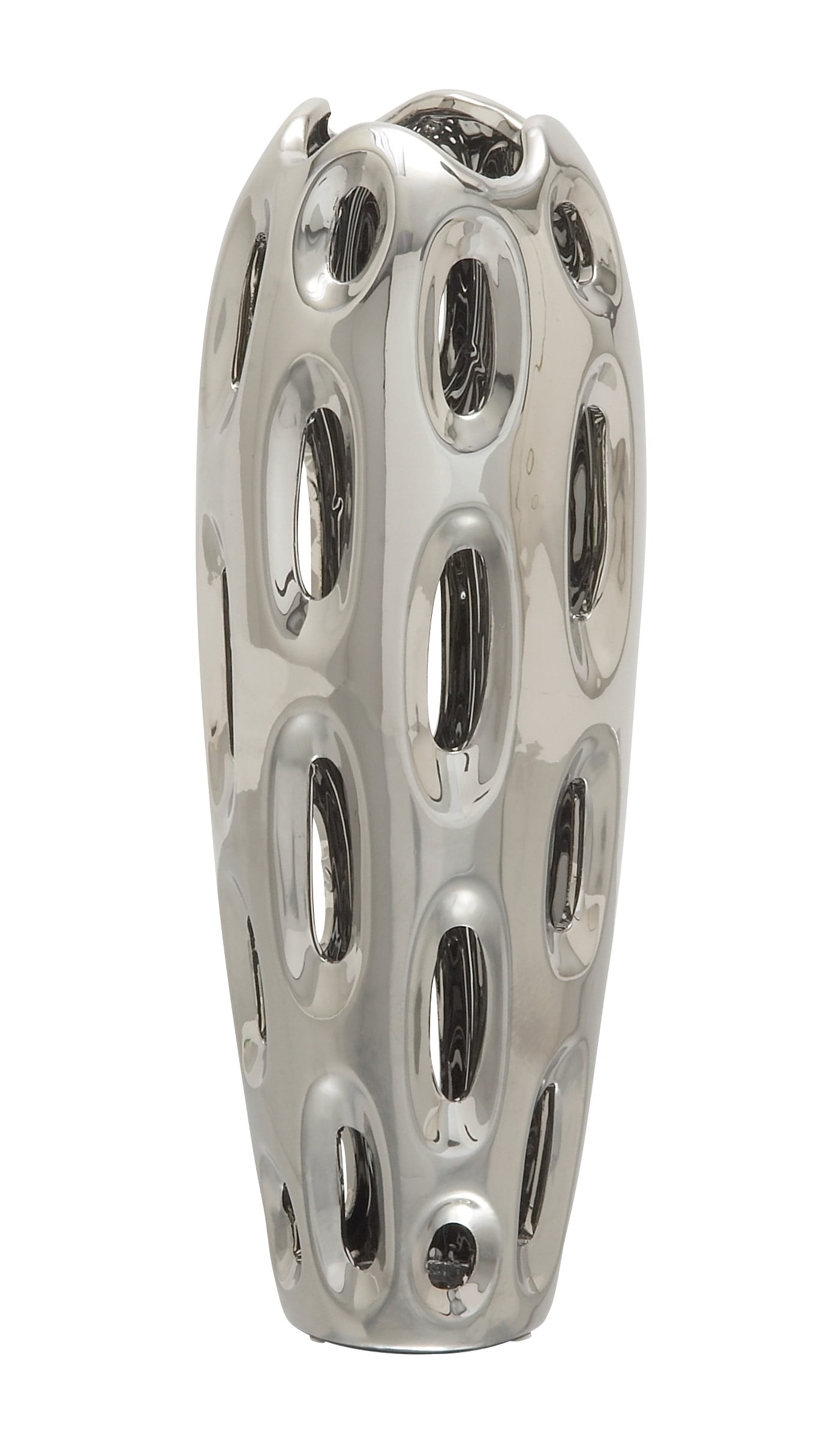 DecMode 16" Silver Ceramic Vase with Cut Out Designs