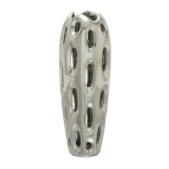 DecMode 16" Silver Ceramic Vase with Cut Out Designs