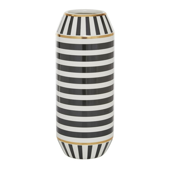 DecMode 16" Striped Black Ceramic Vase with Gold Accents