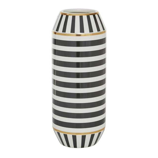 DecMode 16" Striped Black Ceramic Vase with Gold Accents
