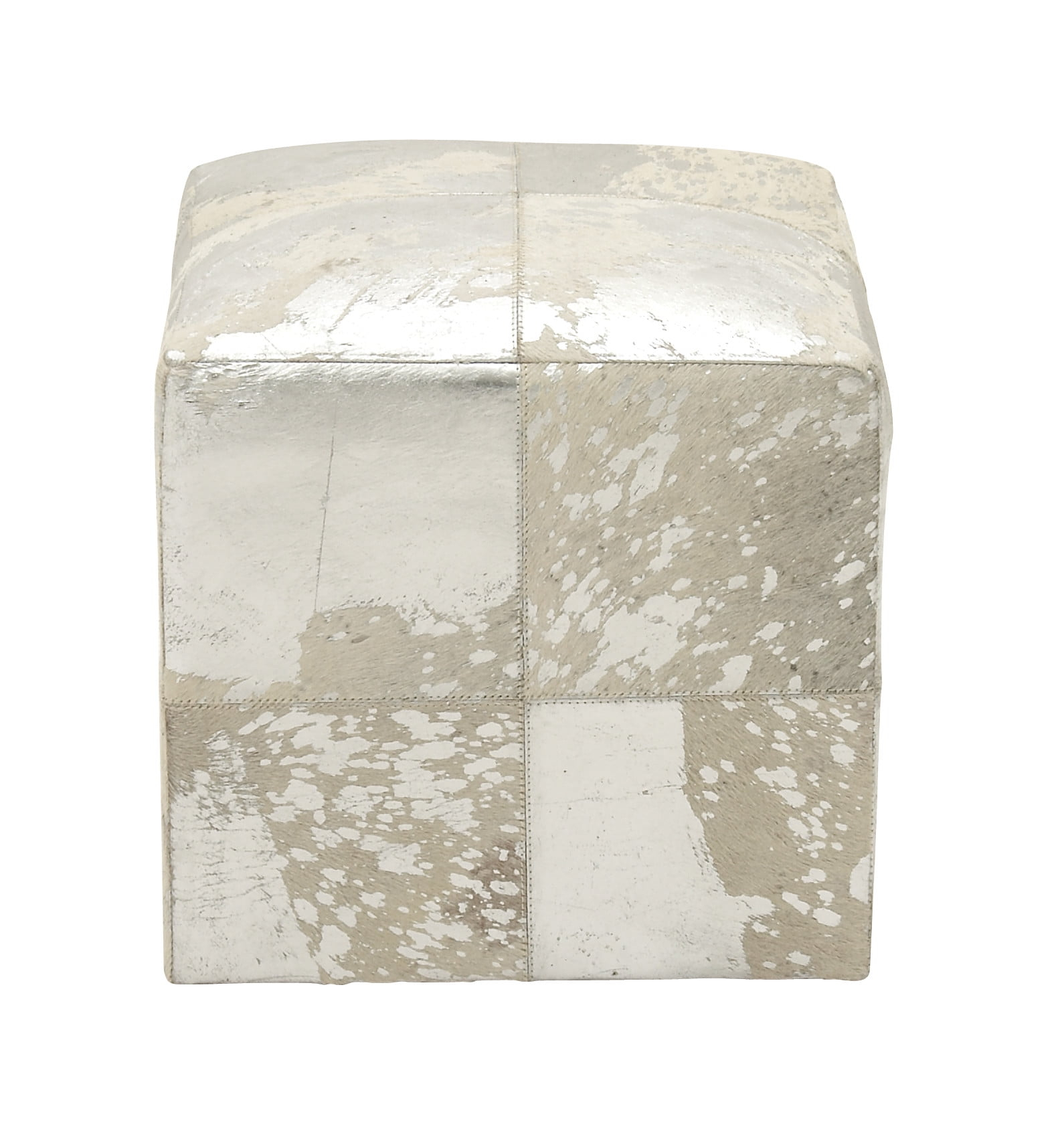 DecMode 16" x 17" White Leather Handmade Stool with Silver Foil Paint, 1-Piece