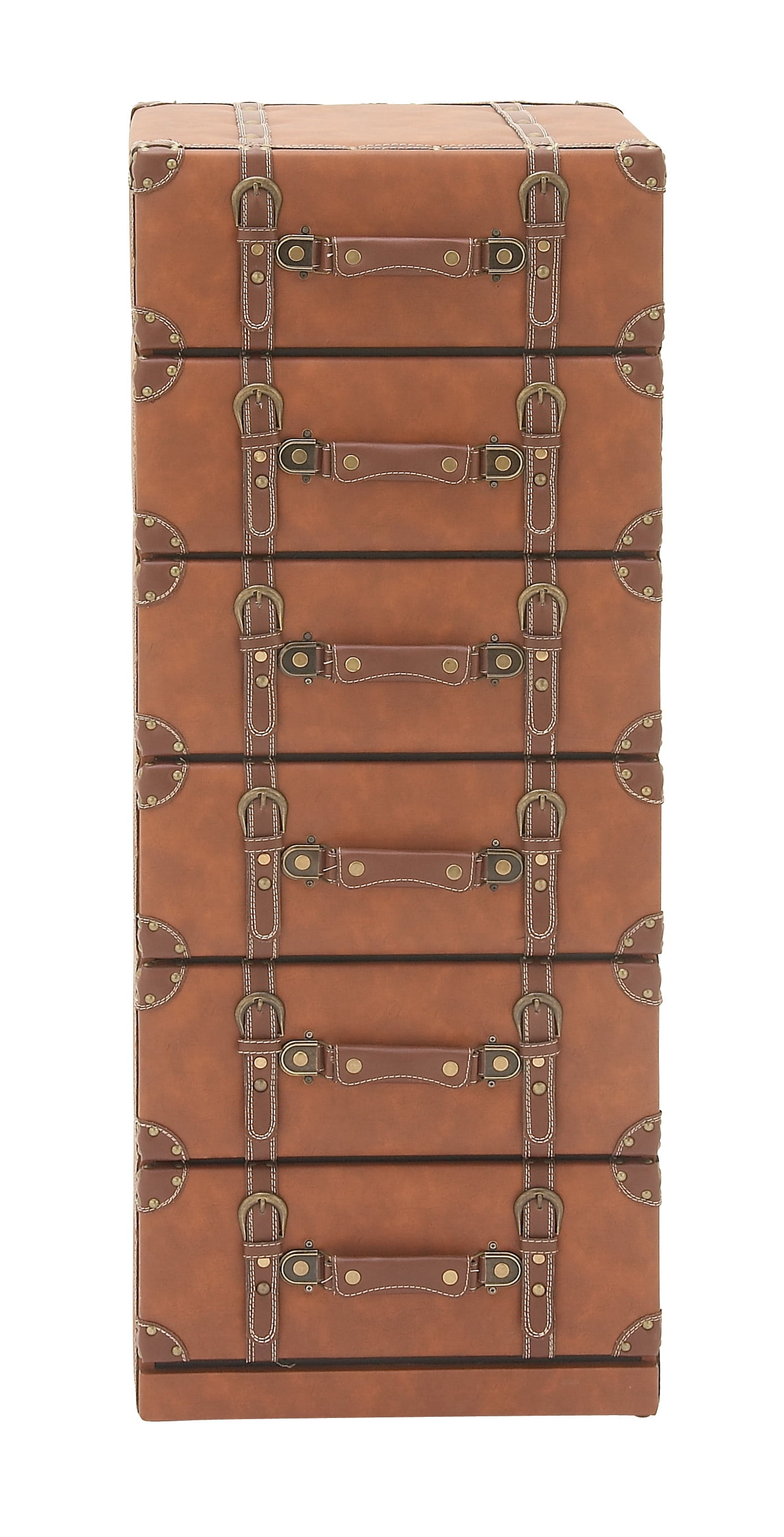 DecMode 16" x 42" Brown Wood Faux Leather 6 Drawers Chest with Buckle and Strap Detailing, 1-Piece