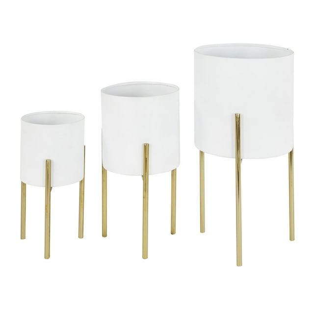 DecMode 18", 14", 12"H White Metal Planter with Removable Gold Stand (3 Count)