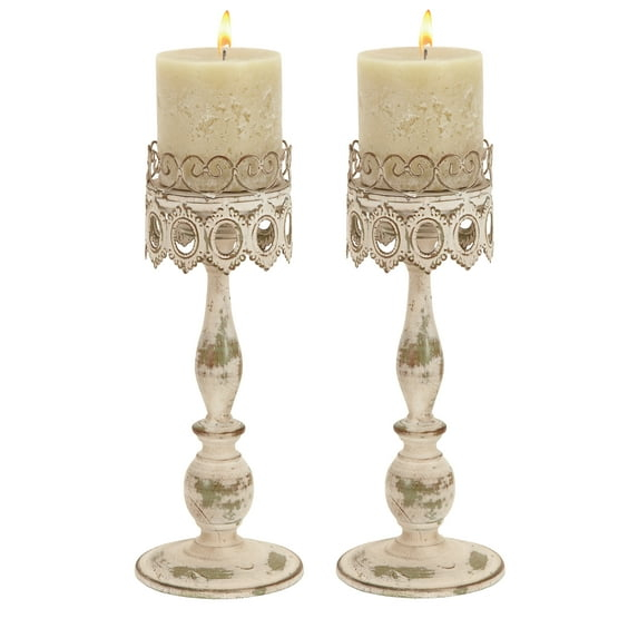 DecMode 2 Candle Beige Metal Candle Holder, Set of 2