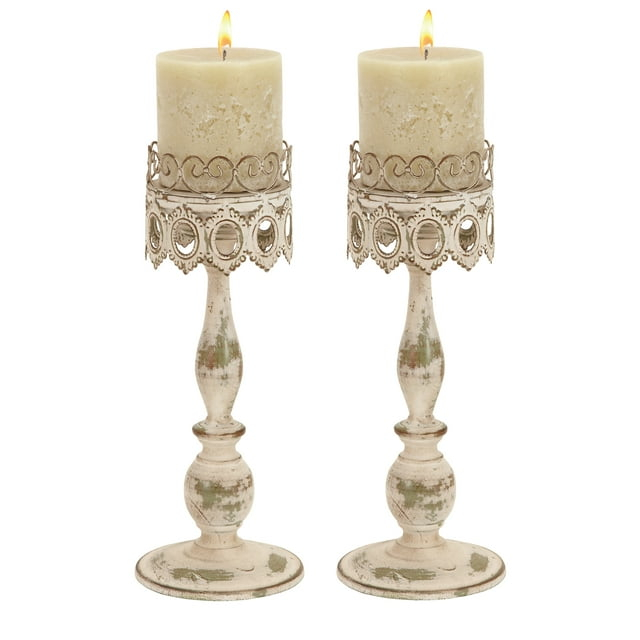 DecMode 2 Candle Beige Metal Candle Holder, Set of 2