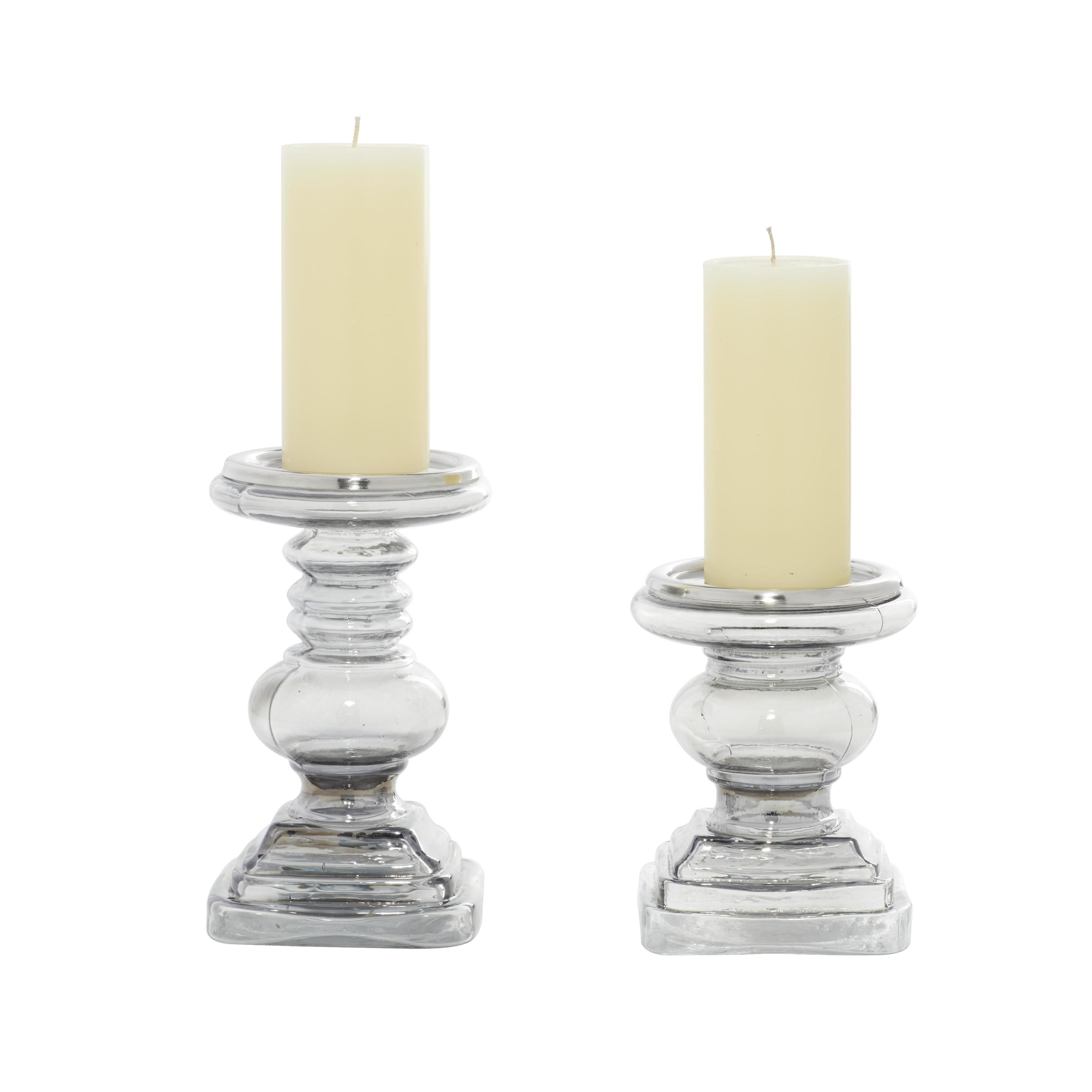 DecMode 2 Candle Silver Glass Handmade Turned Style Pillar Candle Holder, Set of 2