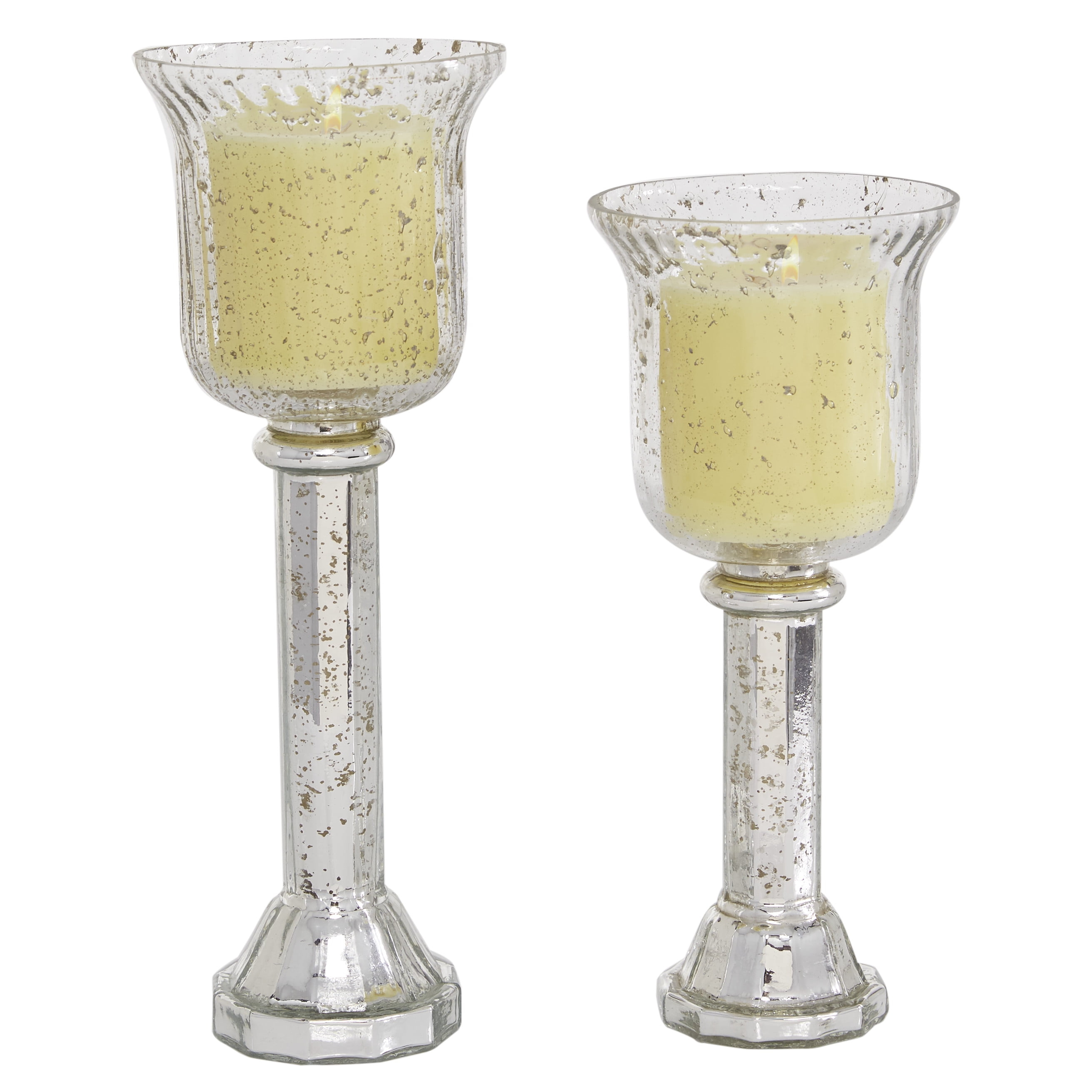 DecMode 2-Slot Silver Glass Pillar Hurricane Lamp with Faux Mercury Glass Finish, Set of 2