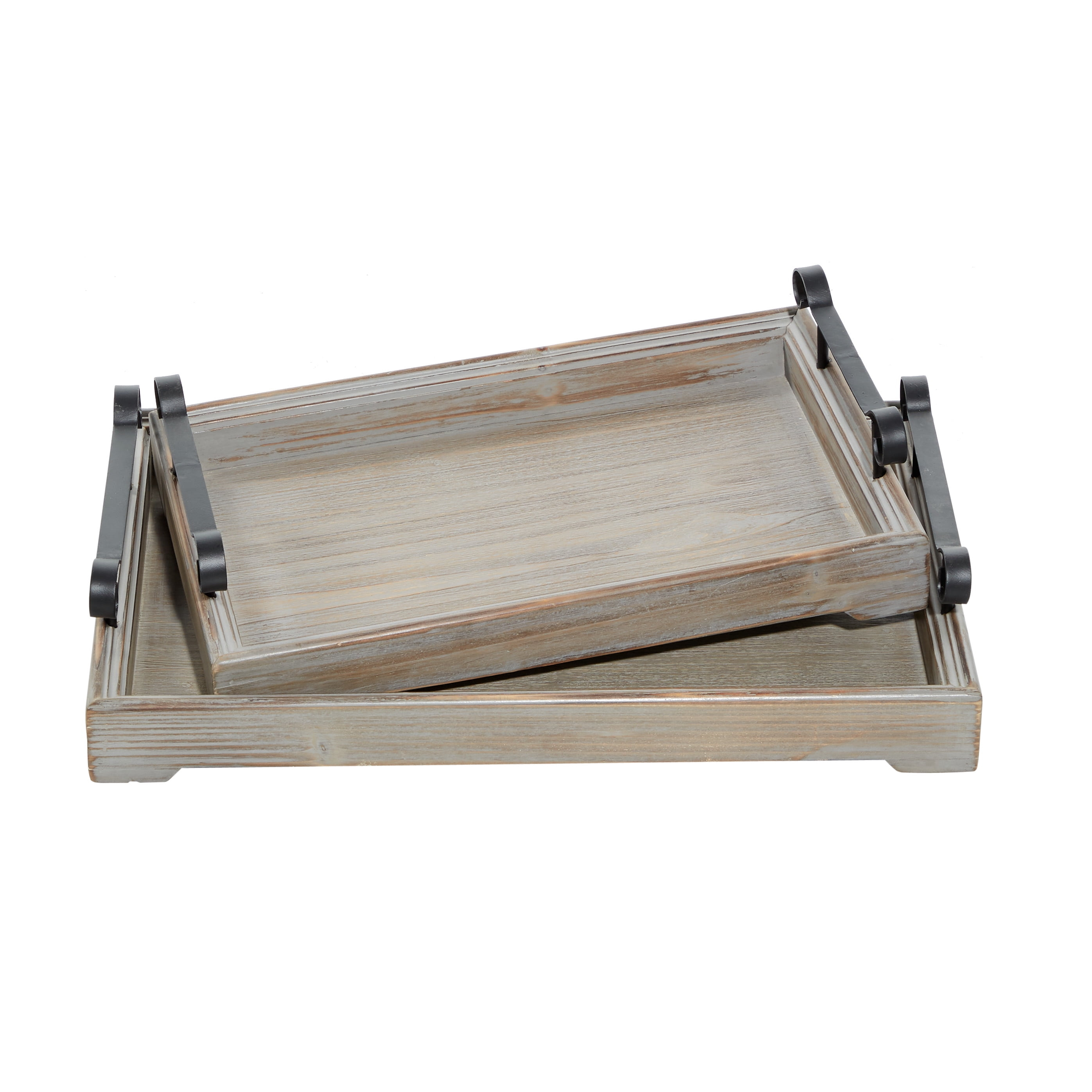 DecMode 20", 17"W Beige Wood  Tray with Metal Handles, 2-Pieces