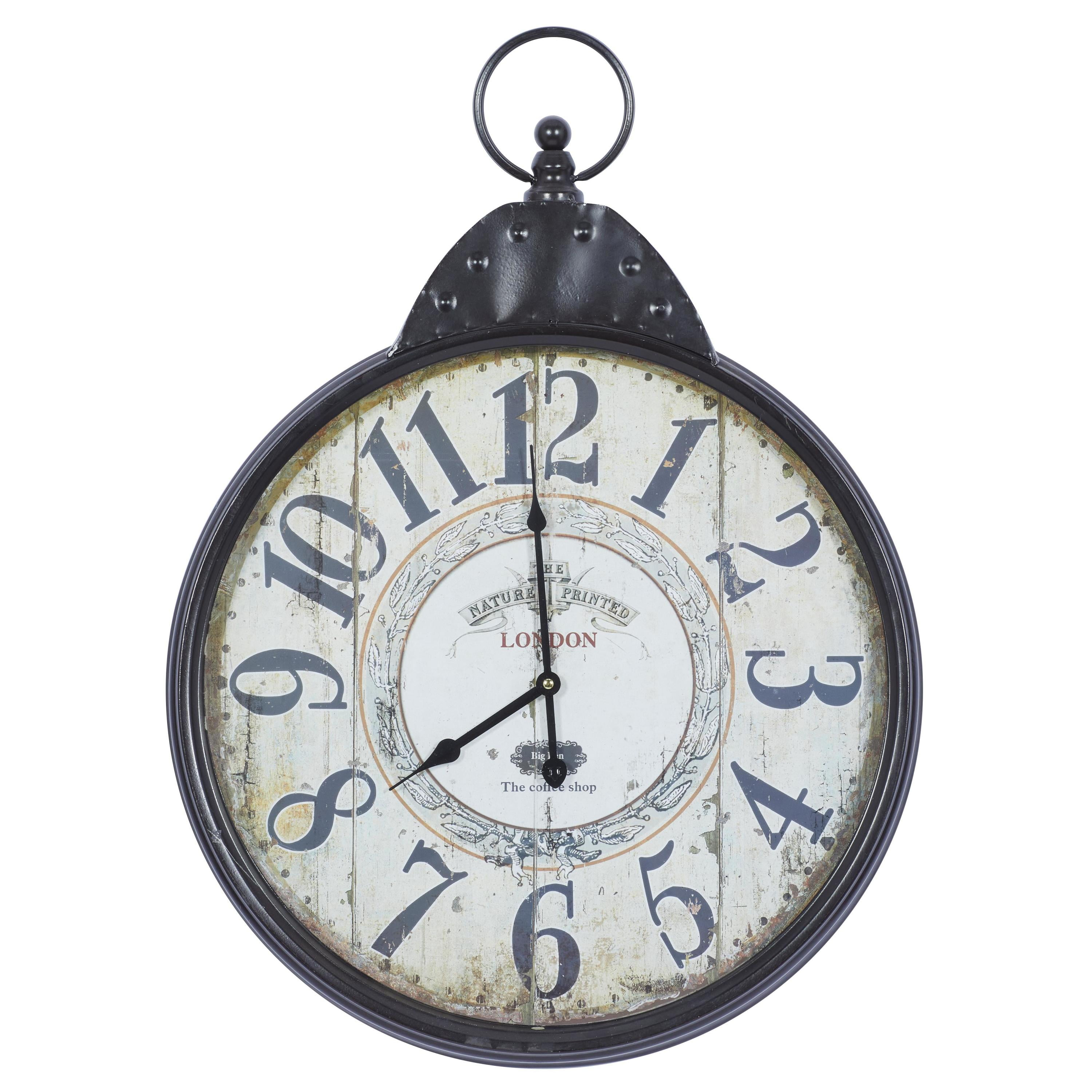 DecMode 20" Black Metal Finial Distressed Pocket Watch Inspired Wall Clock with Beige Clockface
