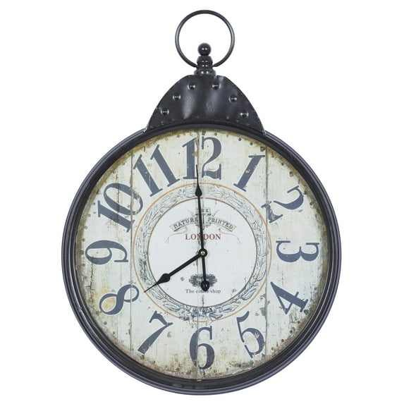 DecMode 20" Black Metal Finial Distressed Pocket Watch Inspired Wall Clock with Beige Clockface
