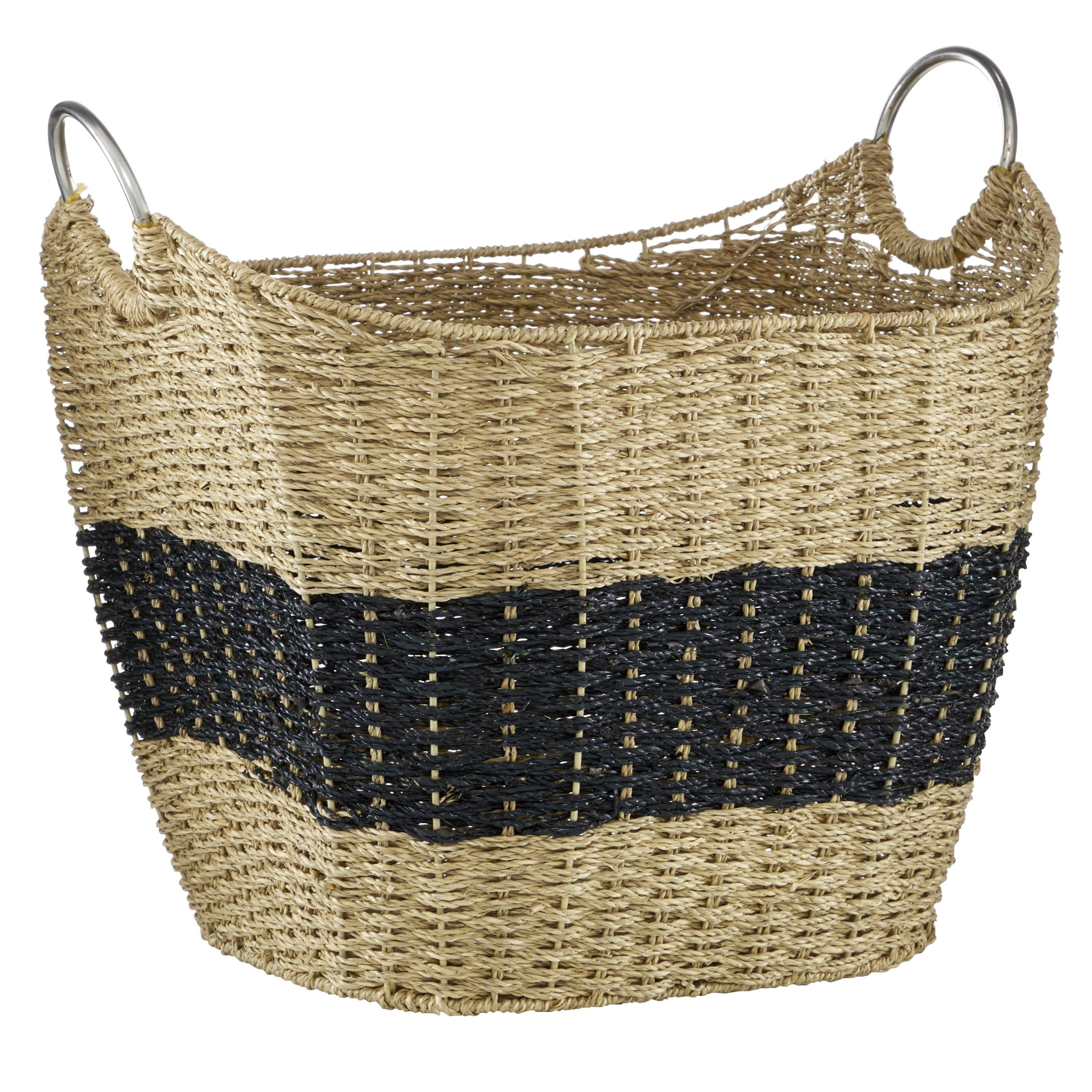DecMode 21" x 19" Brown Seagrass Handmade Two Toned Storage Basket with Metal Handles, 1-Piece