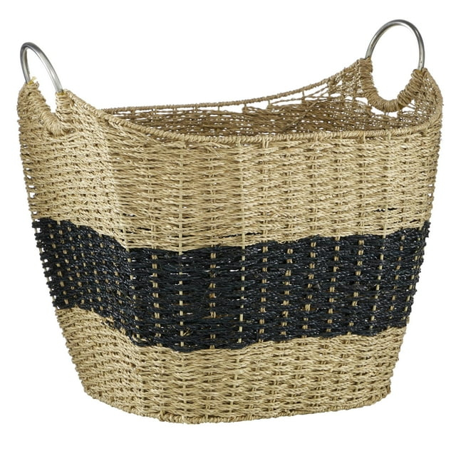 DecMode 21" x 19" Brown Seagrass Handmade Two Toned Storage Basket with Metal Handles, 1-Piece