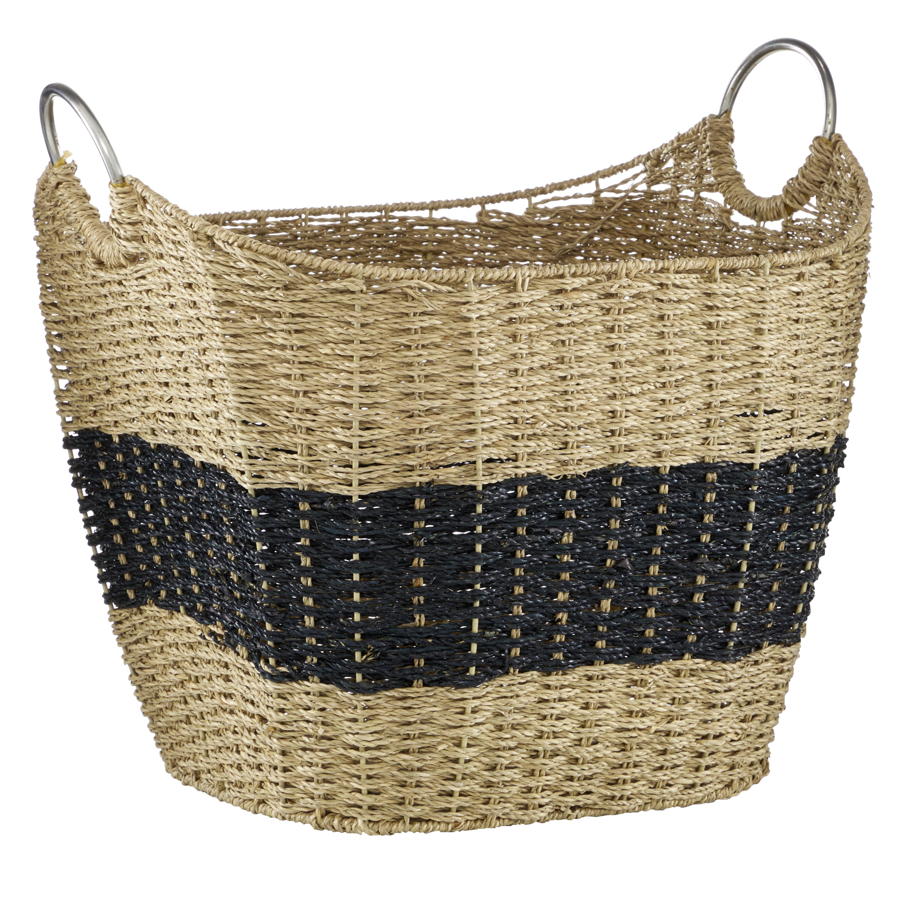 DecMode 21" x 19" Brown Seagrass Handmade Two Toned Storage Basket with Metal Handles, 1-Piece