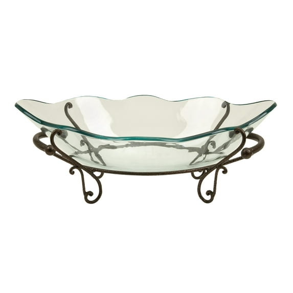 DecMode 23" x 9" Clear Tempered Glass Kitchen Serving Bowl with Brown Metal Scroll Base, 1-Piece