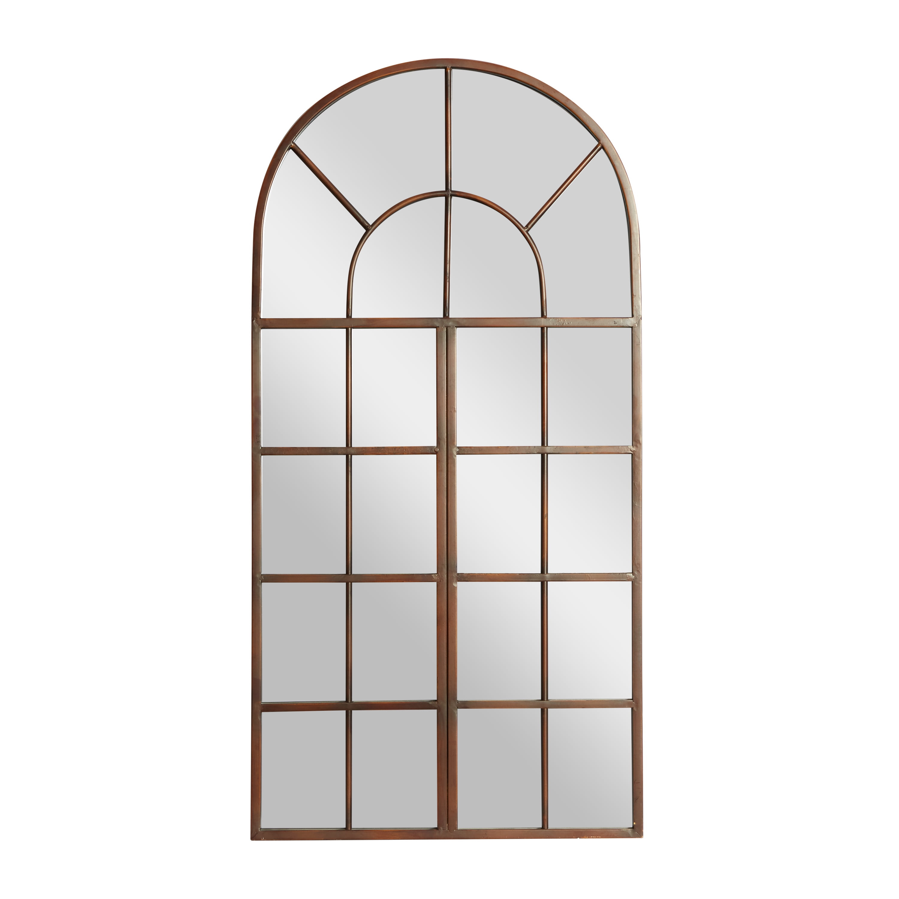 DecMode 24" x 48" Brown Window Pane Inspired Wall Mirror with Arched Top