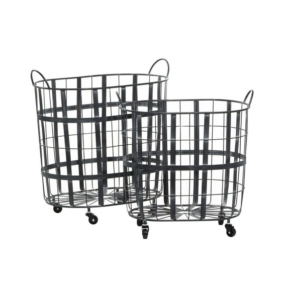 DecMode 25", 22"H Black Metal Wire Grid Storage Basket with Wheels and Handles, 2-Pieces