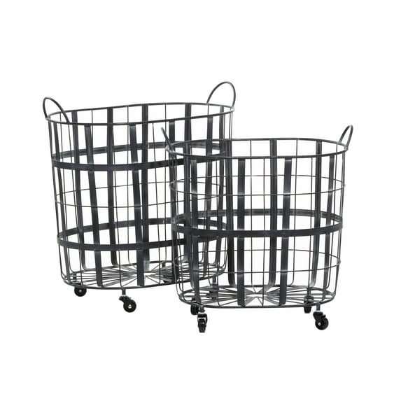 DecMode 25", 22"H Black Metal Wire Grid Storage Basket with Wheels and Handles, 2-Pieces