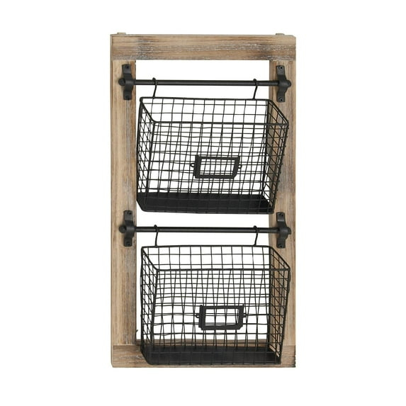 DecMode 25" Black Metal 2 Slot Suspended Wire Basket Magazine Rack Holder with Suspended Baskets and Label Slot