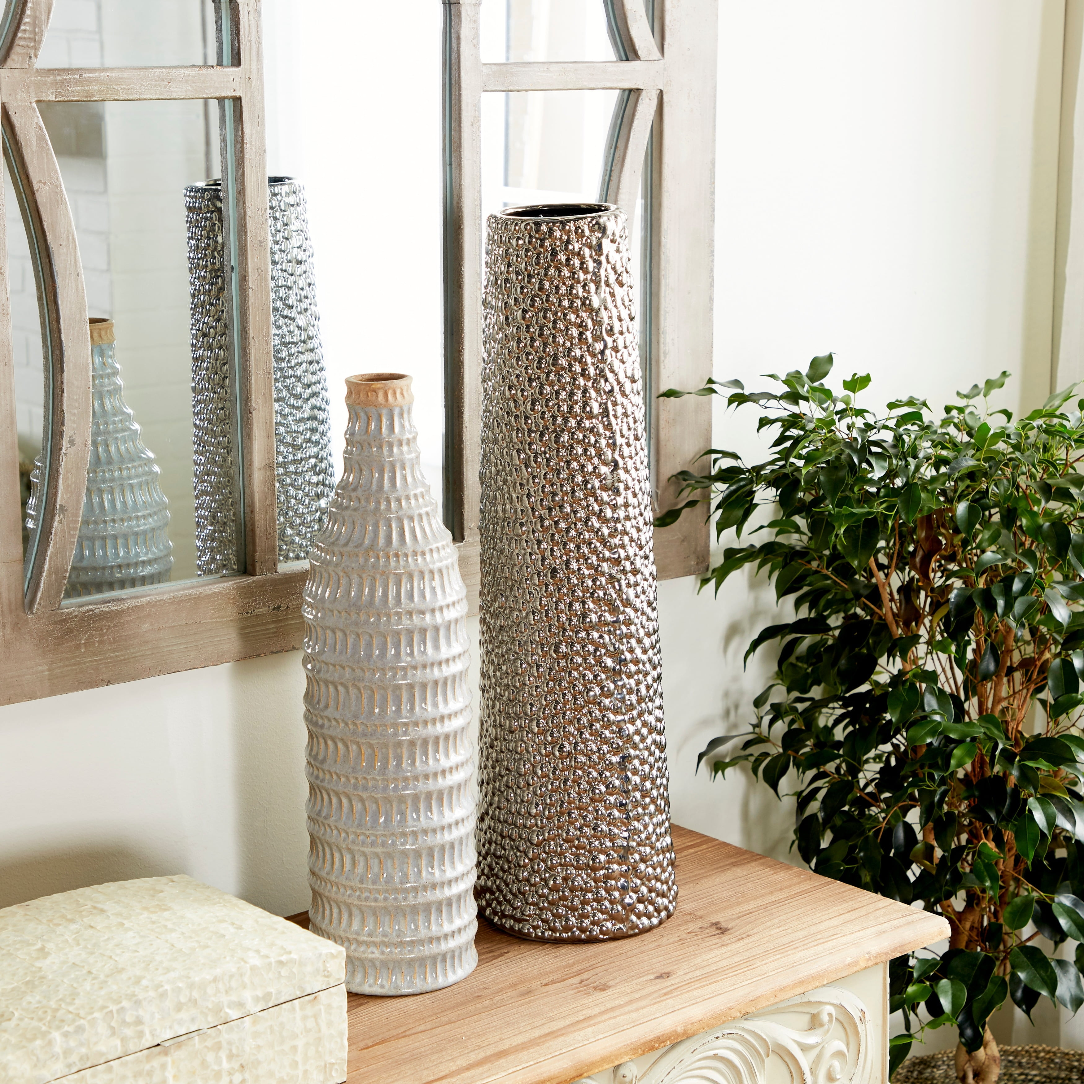 DecMode 25" Silver Ceramic Vase with Bubble Texture