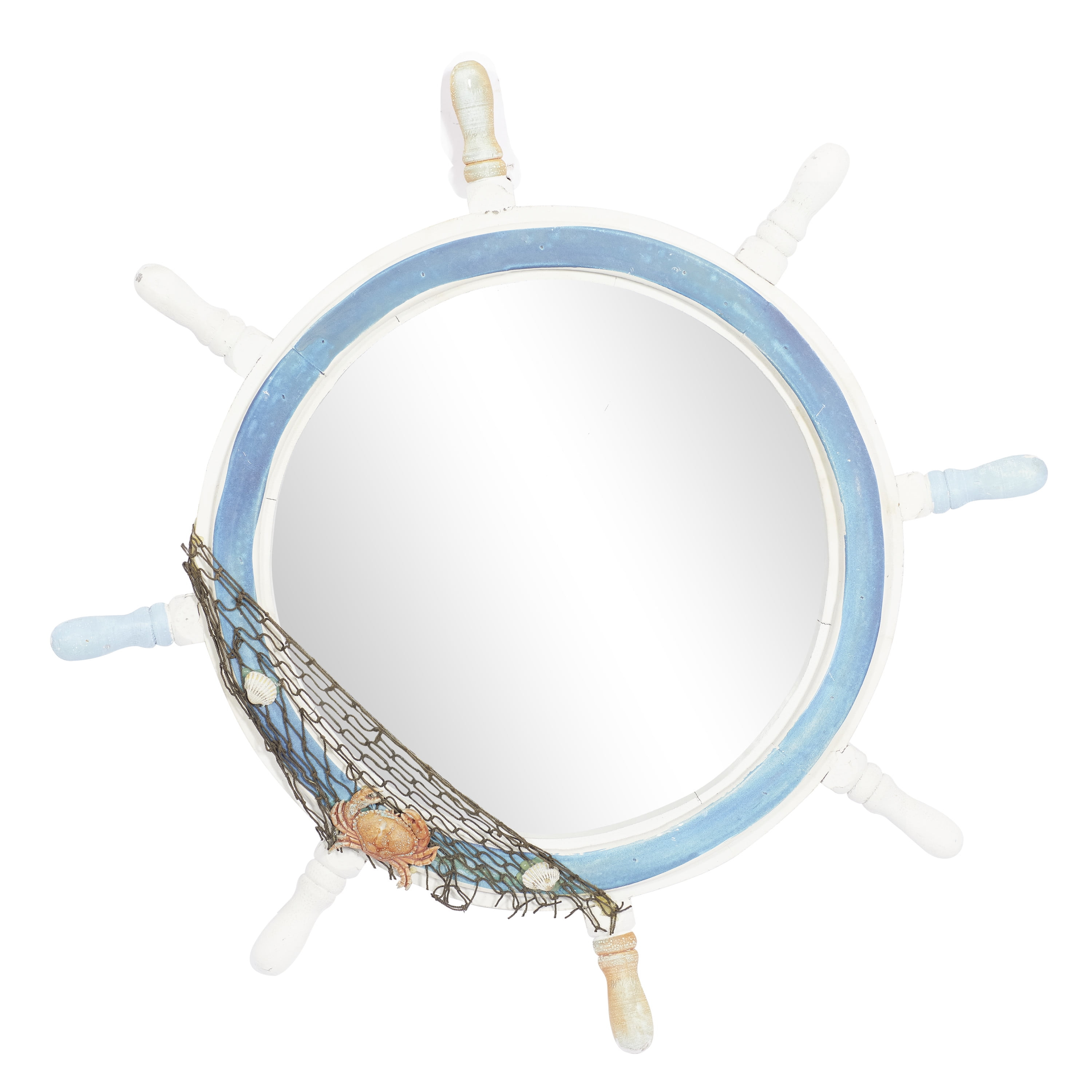 DecMode 25" x 25" White Ship Wheel Sail Boat Wall Mirror with Netting Accent
