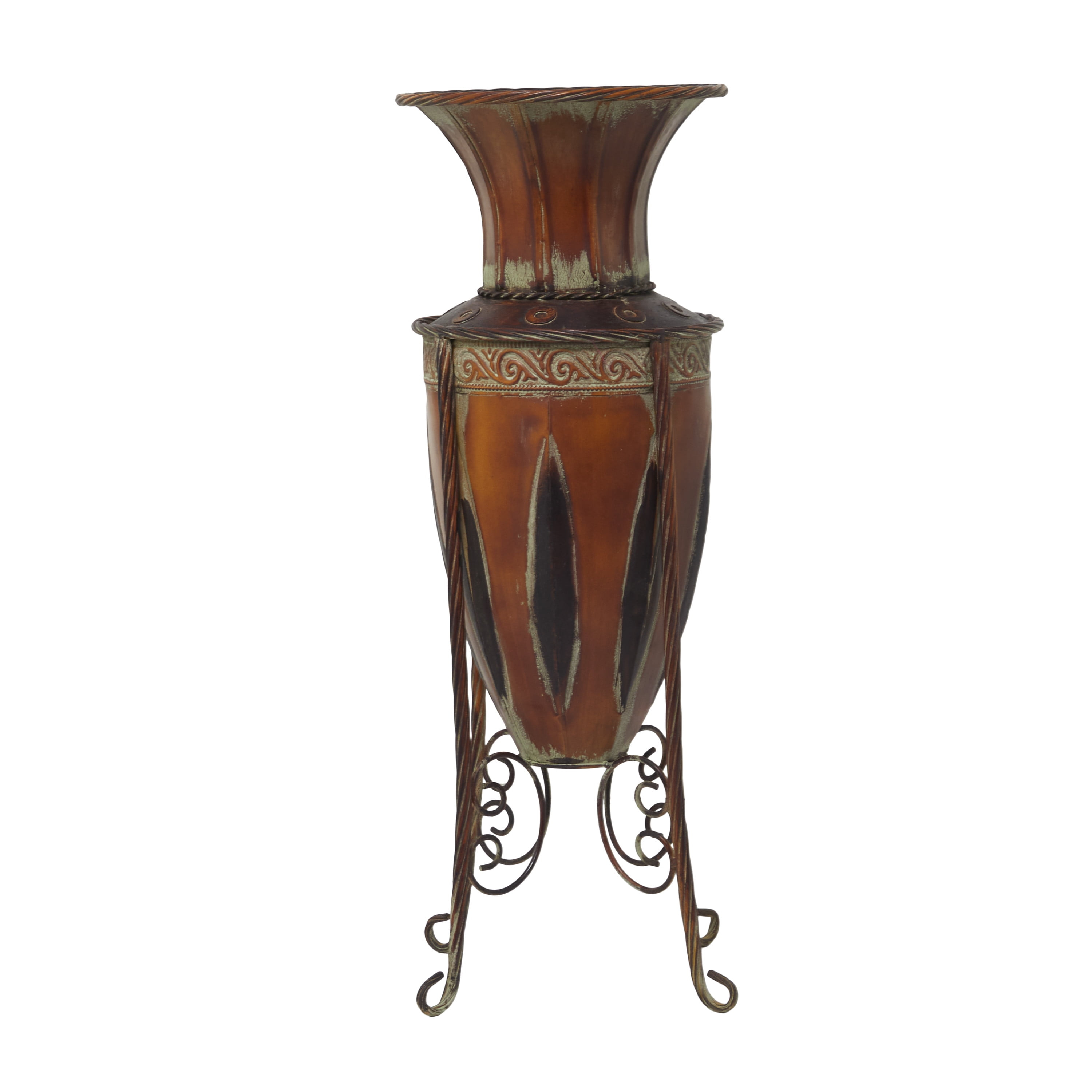 DecMode 27" Tall Brown Metal Vase with Attached Metal Stand and Intricate Design