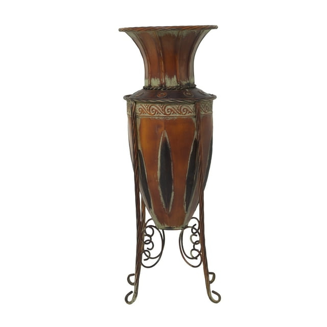 DecMode 27" Tall Brown Metal Vase with Attached Metal Stand and Intricate Design