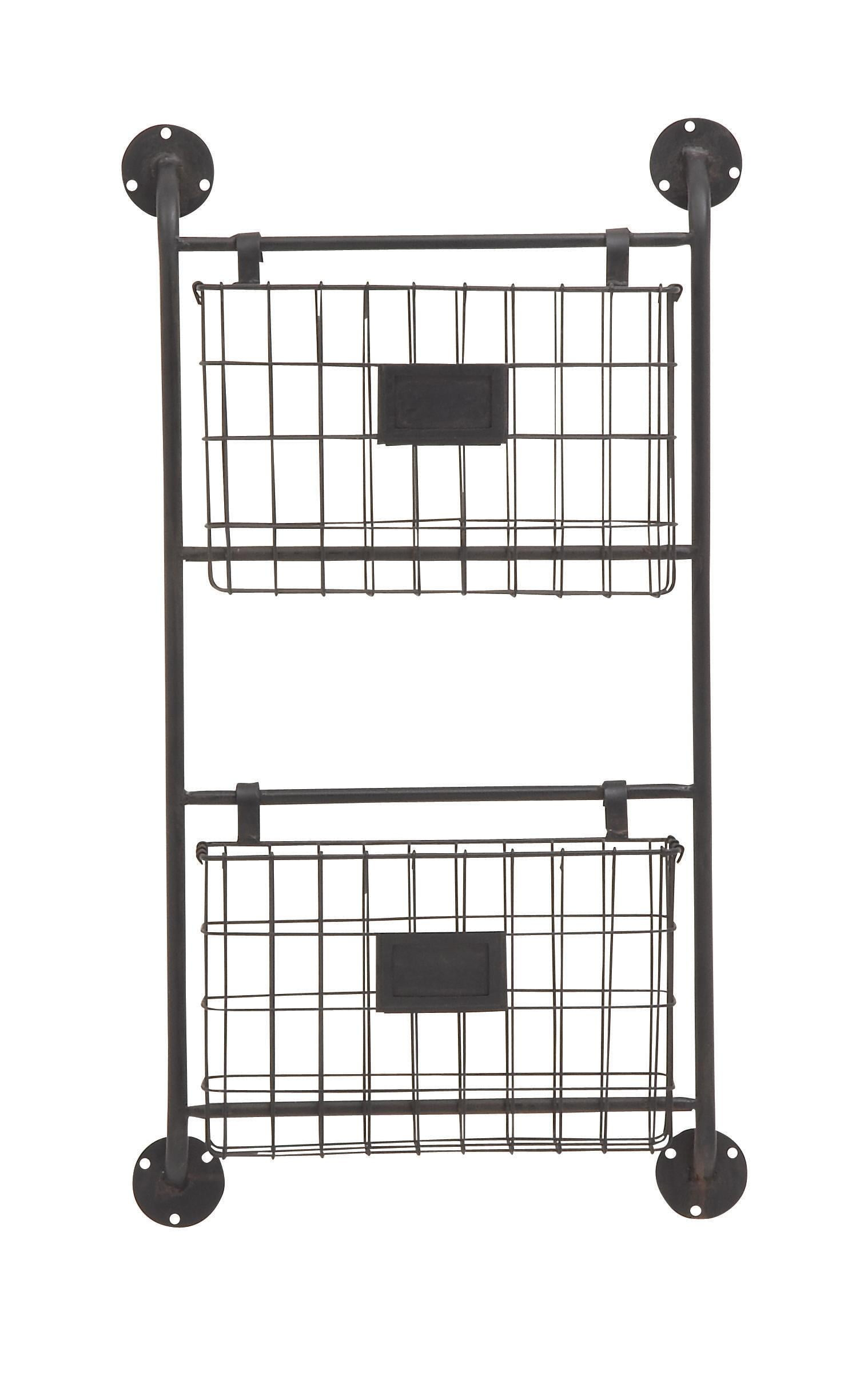 DecMode 28" Black Metal 2 Slots Suspended Wire Basket Magazine Rack Holder with Suspended Baskets and Label Slot