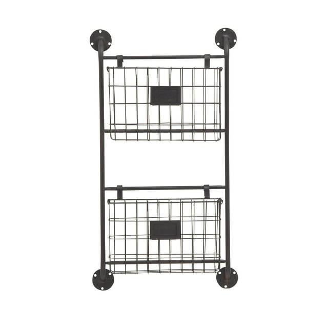 DecMode 28" Black Metal 2 Slots Suspended Wire Basket Magazine Rack Holder with Suspended Baskets and Label Slot