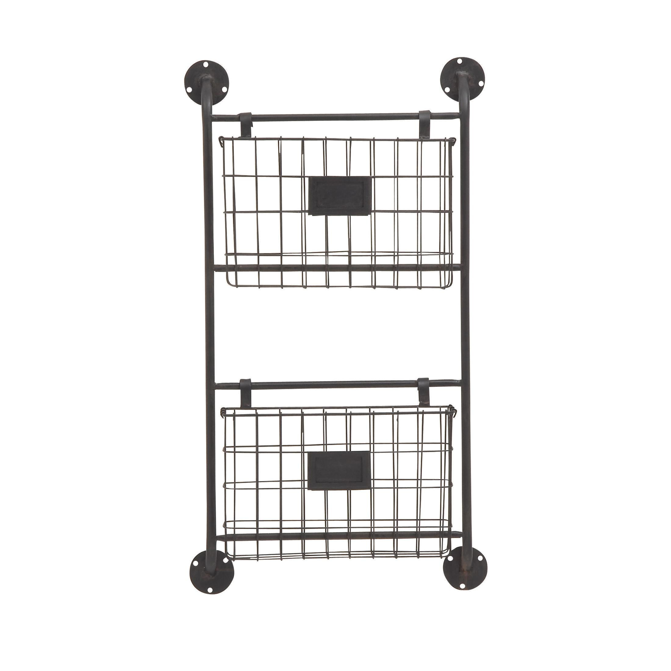DecMode 28" Black Metal 2 Slots Suspended Wire Basket Magazine Rack Holder with Suspended Baskets and Label Slot