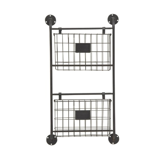 DecMode 28" Black Metal 2 Slots Suspended Wire Basket Magazine Rack Holder with Suspended Baskets and Label Slot