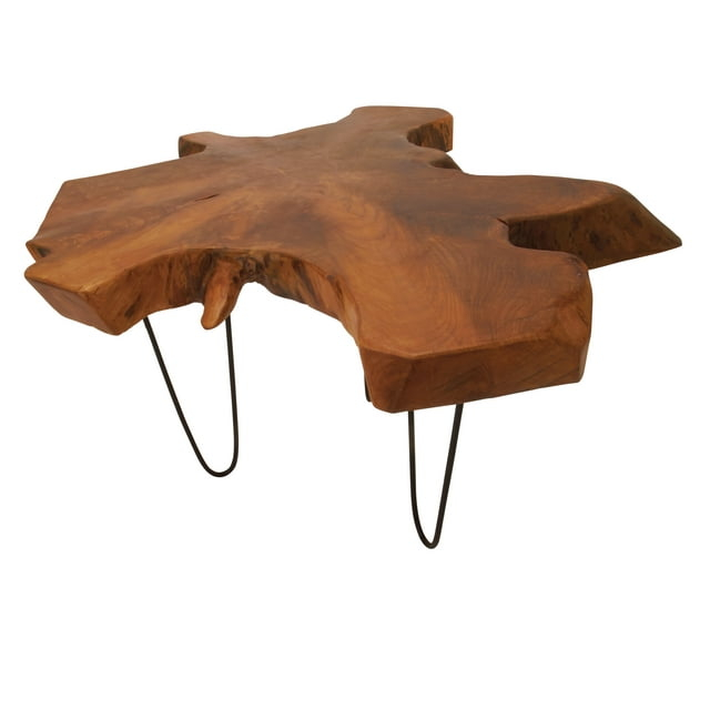 DecMode 28" x 19" Brown Wood Handmade Live Edge Top Coffee Table with Black Metal Hairpin Legs, 1-Piece