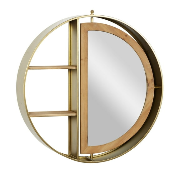DecMode 28" x 5" 2-Tier Gold Wall Shelf with Half Moon Shaped Mirror