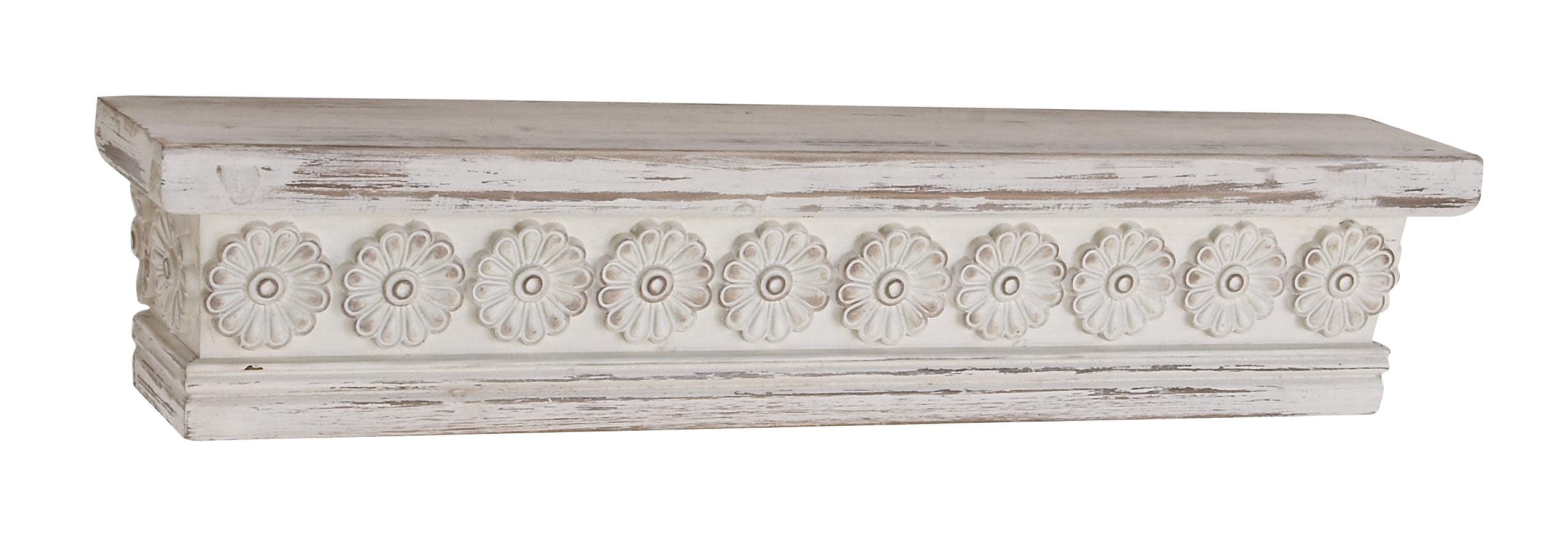 DecMode 28" x 5" Intricate Carved 1-Tier White Floral Wall Shelf