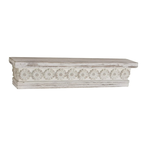 DecMode 28" x 5" Intricate Carved 1-Tier White Floral Wall Shelf