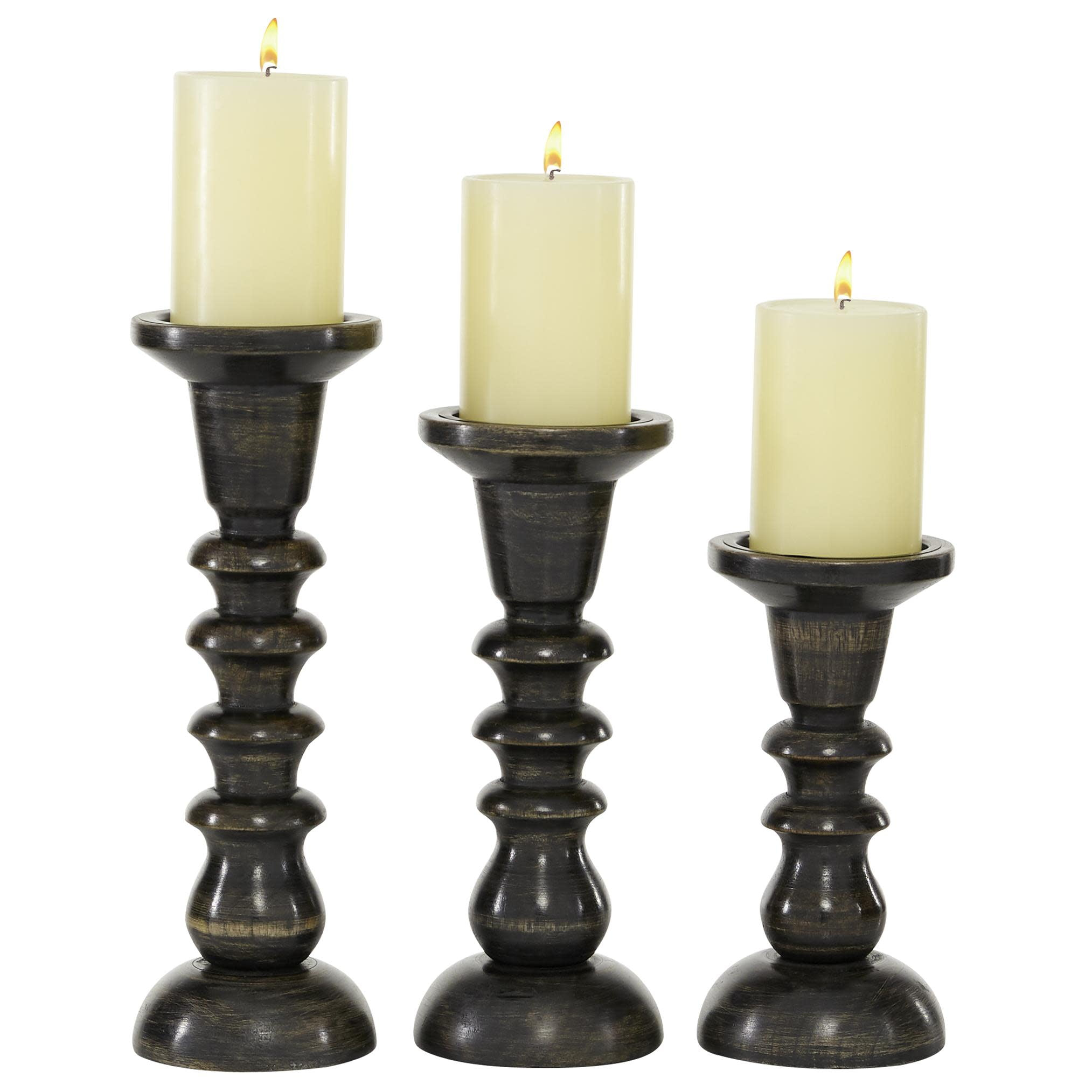 DecMode 3 Candle Dark Brown Wood Candle Holder, Set of 3