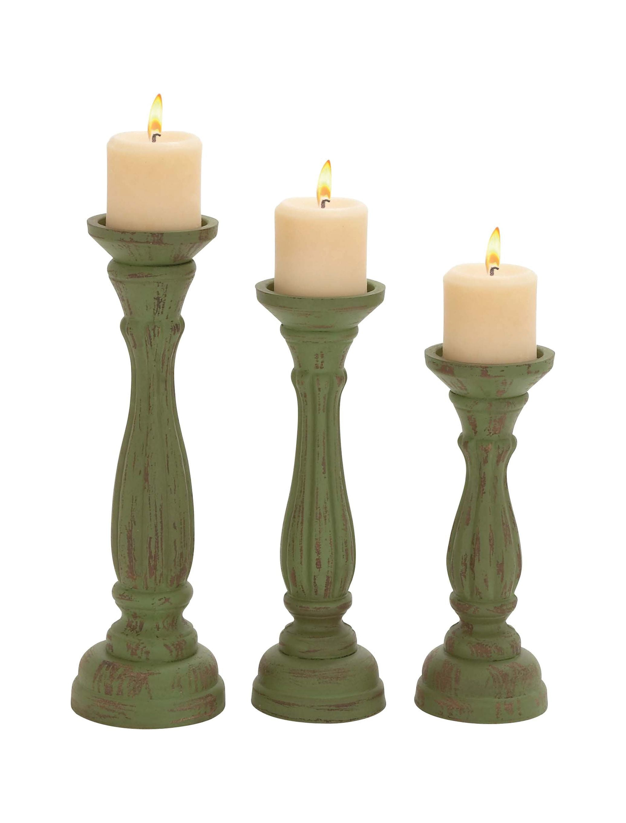 DecMode 3 Candle Green Wooden Distressed Turned Pillar Candle Holder, Set of 3