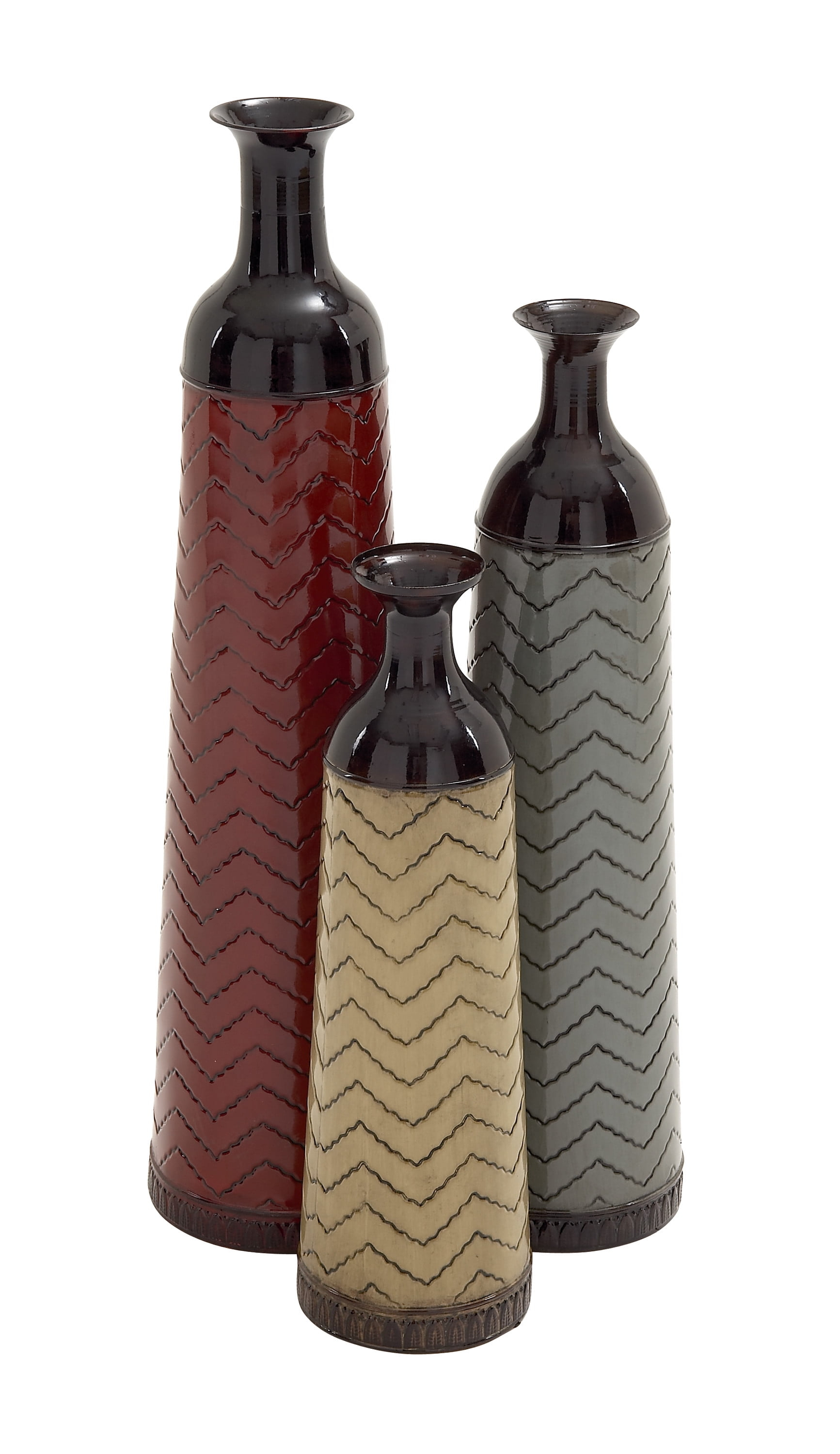 DecMode 32", 27", 22"H Tall Enameled Bottleneck Floor Multi Colored Metal Vase with Chevron Pattern, Set of 3