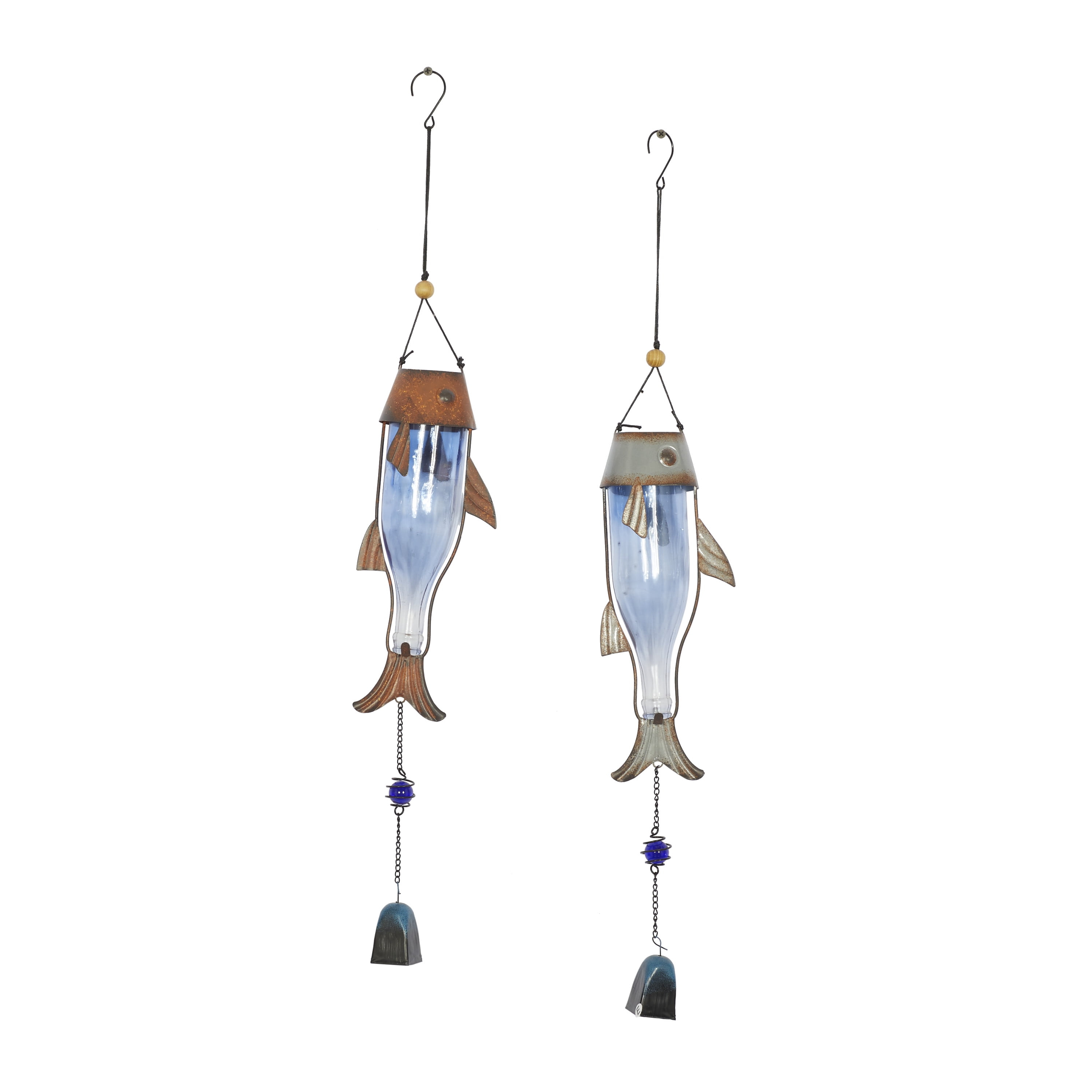 DecMode 32" Blue Metal Fish Windchime with Glass Bottle Body and Beads (2 Count)